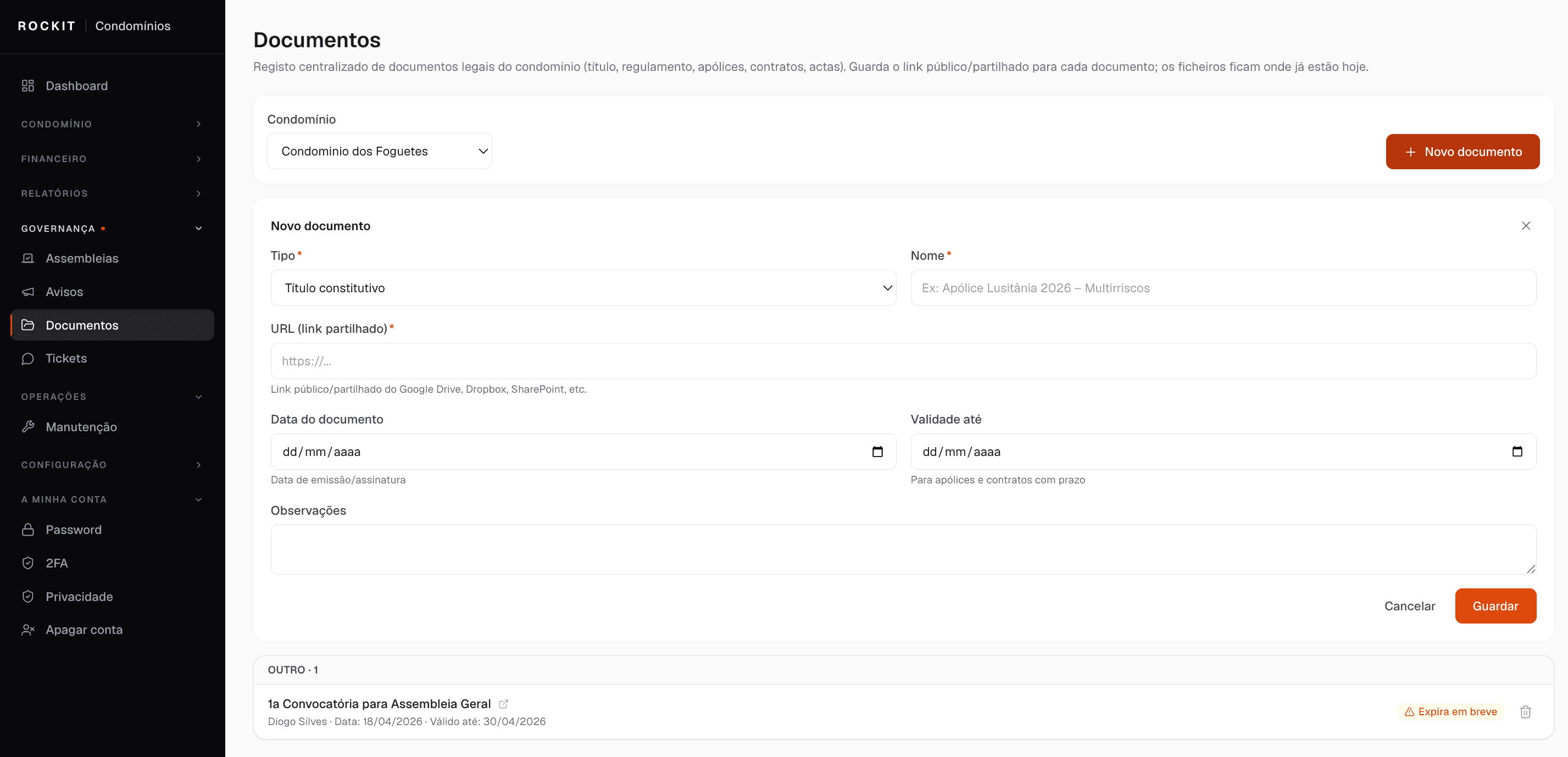 Repositório de documentos com declarações, atas e recibos