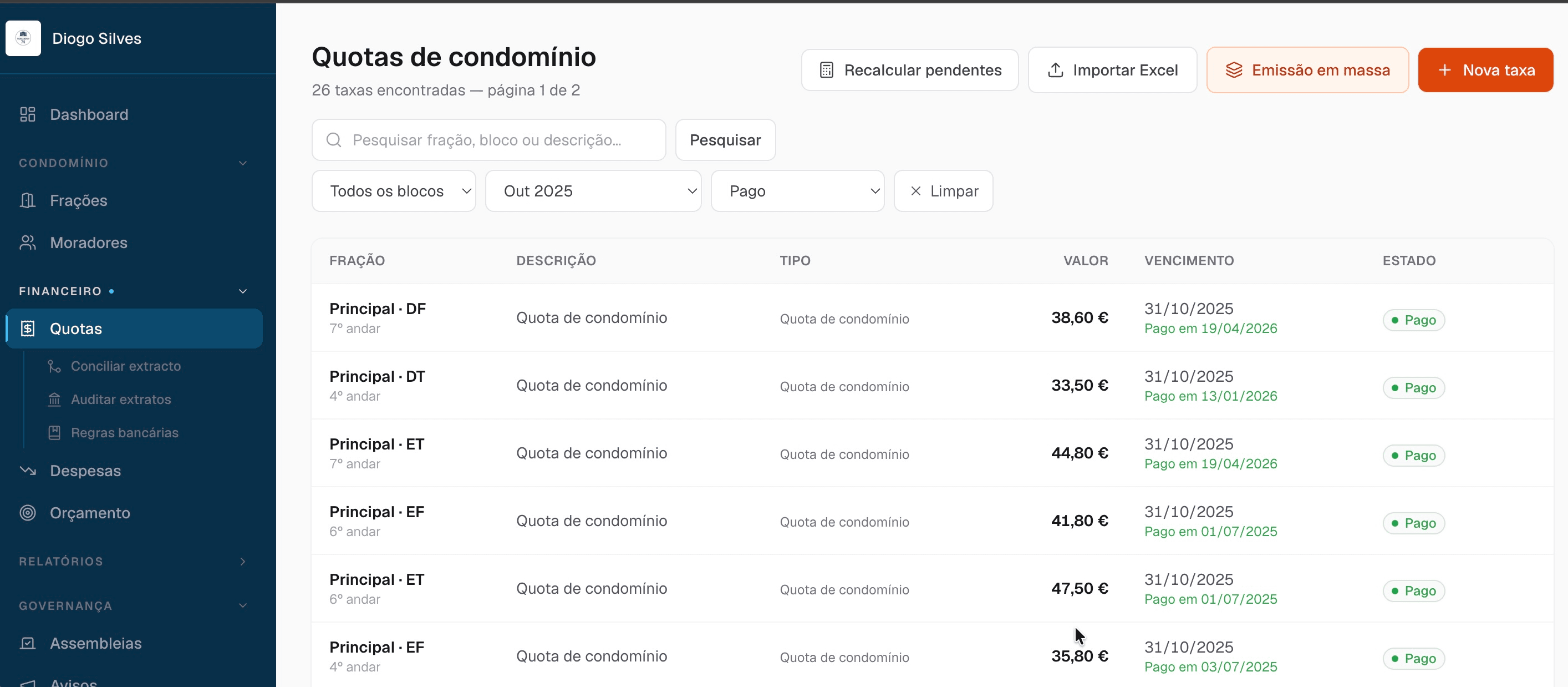 Mapa de quotas com cobrança, conciliação bancária e estado de pagamento